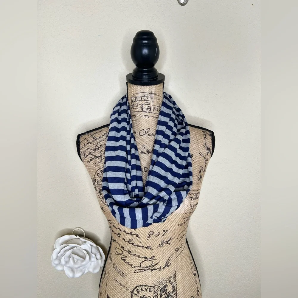 NTM: Blue & Gray Striped Infinity Scarf Soft Lightweight Loop OS
